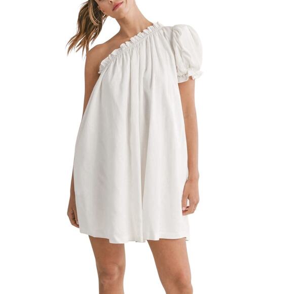 MABLE One Shoulder Puff Sleeve Pastel Blue Romantic Core Linen Blend Dress Sz S - Picture 5 of 12